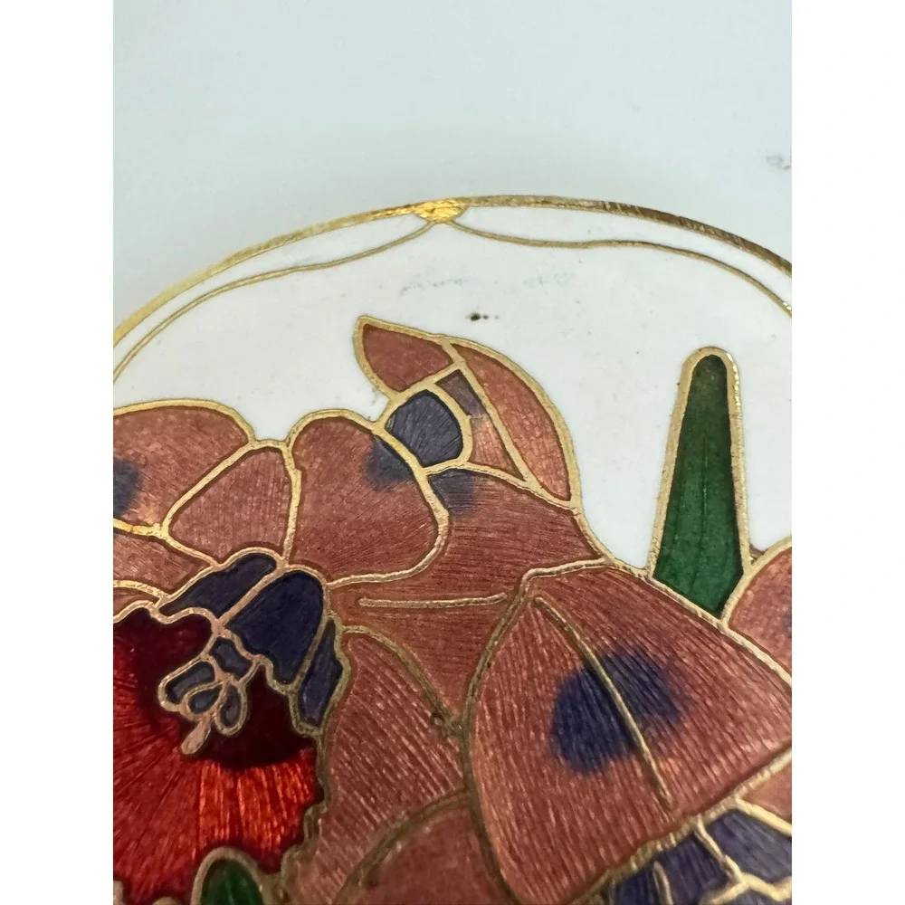 Vintage Cloisonne Enamel Daffodil‎ Scarf Clip Gold Tone Floral White Brown Red